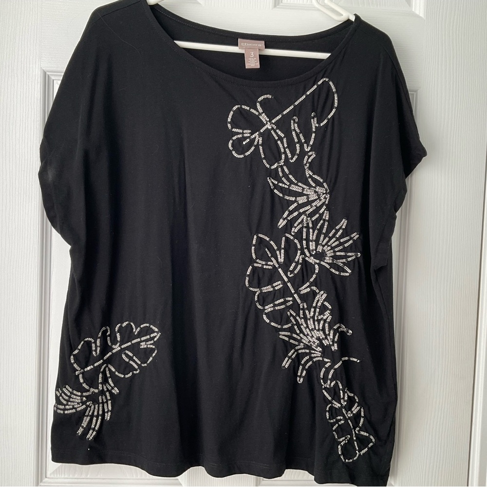 Chicos Black Leaf Embroidered Top Size 3